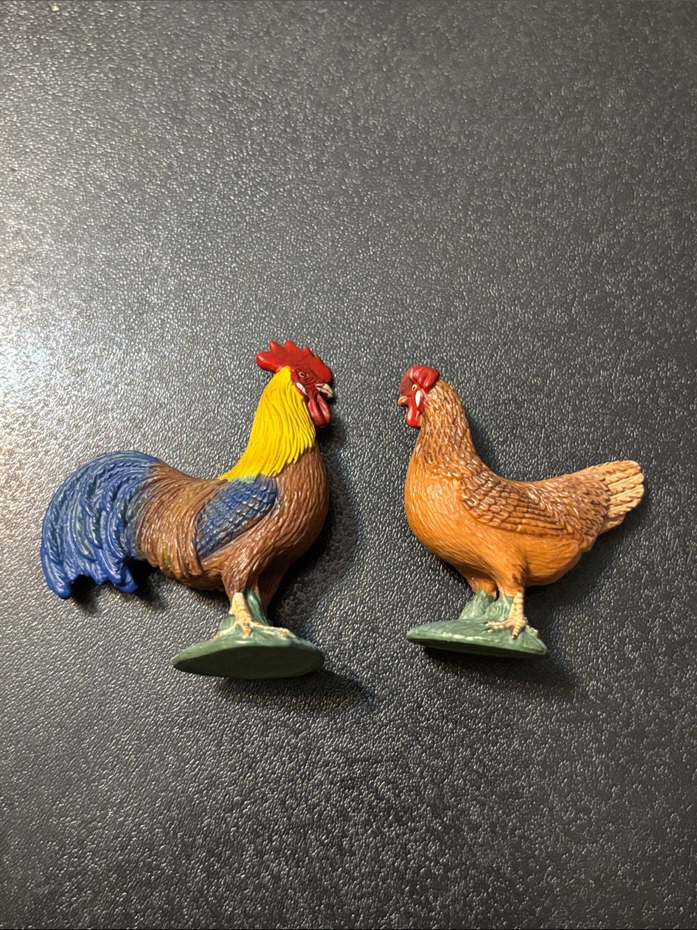 Decorative Rooster and Hen figures Accents in Brown, Blue, Yellow and Red